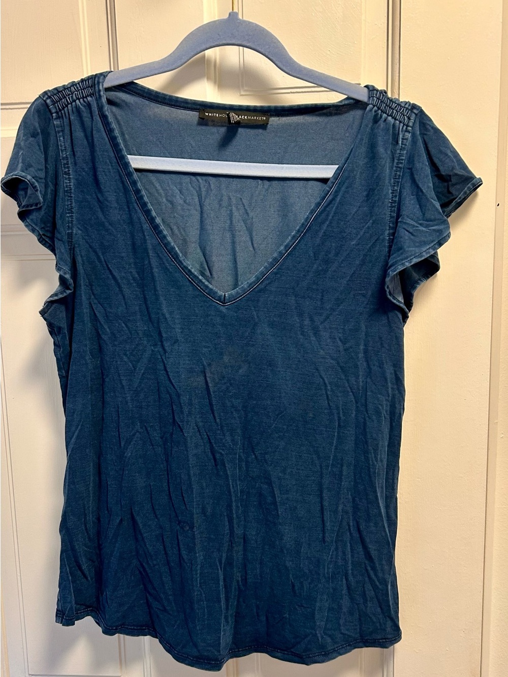 White House Black Market Indigo V-Neck Flutter Sleeve Tee